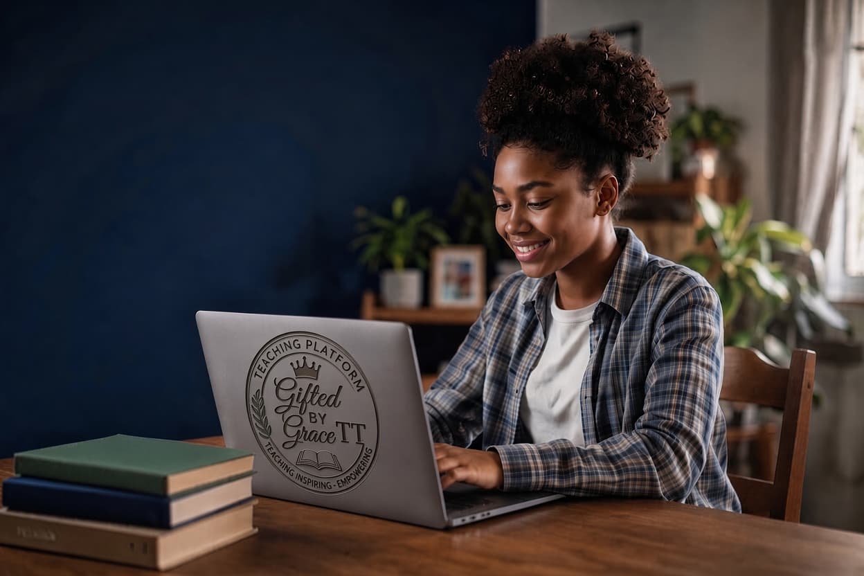 A student working at a laptop that carries the Gifted by Grace TT crest